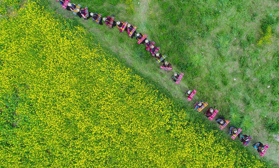 Photo taken on July 7, 2017 shows villagers praying for harvest in a field during a festival in Lhunze County, southwest China\'s Tibet Autonomous Region.(Xinhua/Purbu Zhaxi)