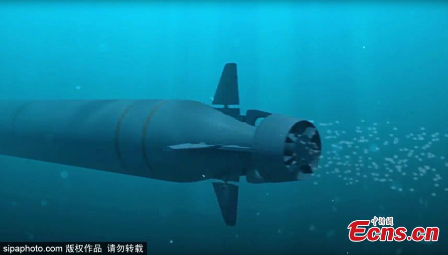 This photo shows Poseidon nuclear-powered and nuclear-armed unmanned underwater vehicle during the final stage of testing. Poseidon is a brand new intercontinental range undersea weapon able to destroy enemy naval bases and aircraft carriers. (Photo/Sipaphoto)