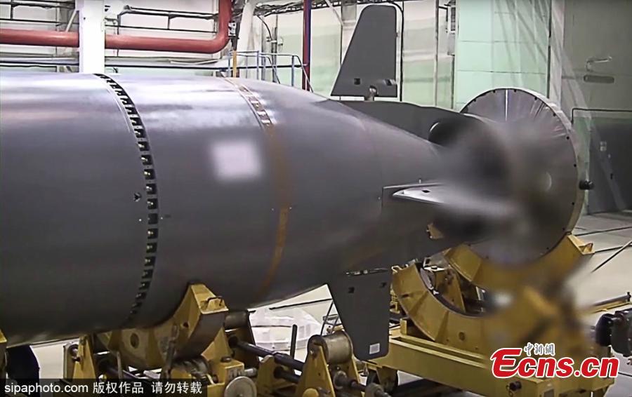 This photo shows Poseidon nuclear-powered and nuclear-armed unmanned underwater vehicle during the final stage of testing. Poseidon is a brand new intercontinental range undersea weapon able to destroy enemy naval bases and aircraft carriers. (Photo/Sipaphoto)