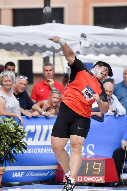 Gong Lijiao in action during the IAAF Diamond League Monaco meeting on July 19, 2018. (Photo/Xinhua)