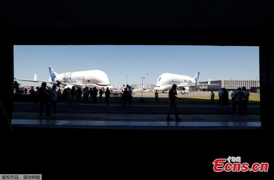 An Airbus Beluga XL transport plane (L), near an Airbus Beluga ST (R), is seen on the tarmac after its first flight event in Colomiers near Toulouse, France, July 19, 2018. (Photo/Agencies)