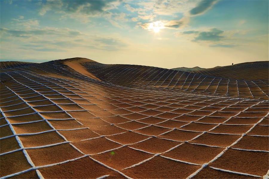 The use of degradable material by sand barrier technology is helping transform hundreds of acres of Inner Mongolia\'s Kubuqi Desert into green landscape in an environment-friendly way. (Photo provided to chinadaily.com.cn)