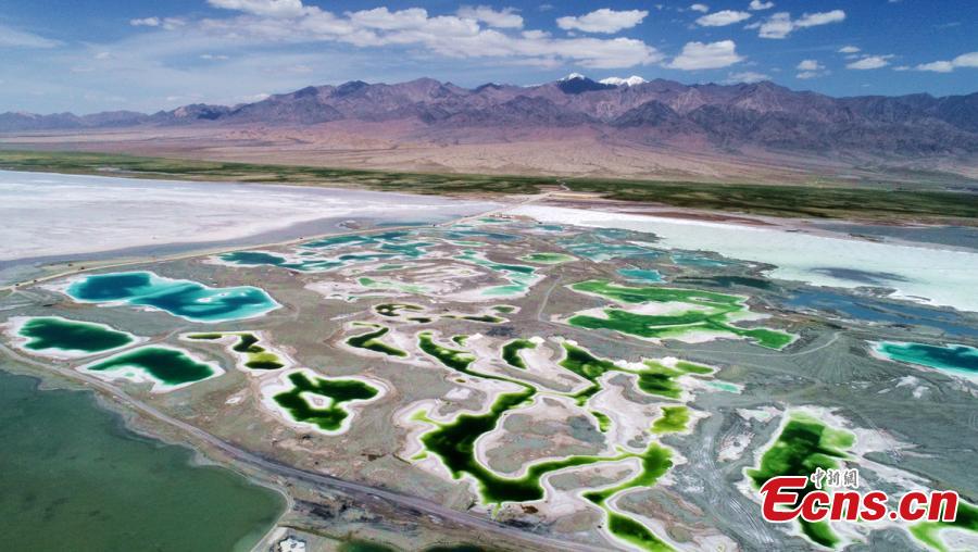 Da Qaidam salt lake in Haixi Mongol and Tibetan Autonomous Prefecture, Qinghai Province, July 25, 2018. The salt lake covering six square kilometers was formed by many years of mining, leaving a high concentration of salt called brine. It was named Emerald Lake because of its different and beautiful colors against the blue sky and snow-covered mountains. (Photo: China News Service/Liu Zhongjun)