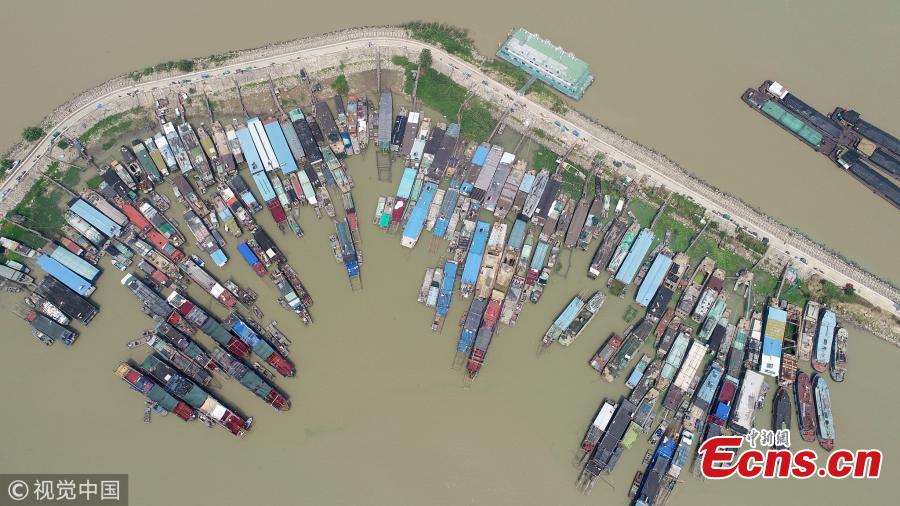 An aerial view of ships waiting to pass a navigation lock in Hongze Lake, Huaian City, East China’s Jiangsu Province, July 25, 2018. Thousands of ships had to berthed in port for days due to tropical storm Ampil. (Photo/VCG)