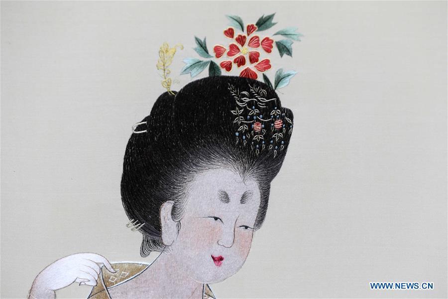 Photo taken on July 29, 2018 shows part of Suzhou embroidery version of a classic Chinese painting during an exhibition in Suzhou, east China\'s Jiangsu Province. The exhibition displayed Wang Qin\'s collections and creations of Suzhou embroidery version of classic Chinese painting works. (Xinhua/Yang Lei)