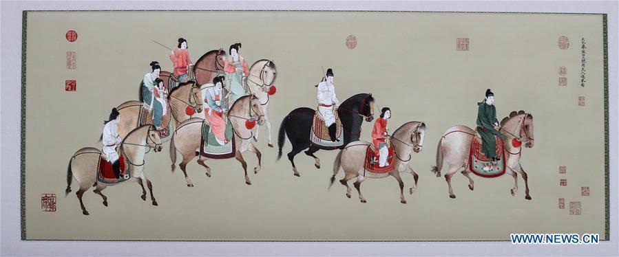 Photo taken on July 29, 2018 shows Suzhou embroidery version of a classic Chinese painting during an exhibition in Suzhou, east China\'s Jiangsu Province. The exhibition displayed Wang Qin\'s collections and creations of Suzhou embroidery version of classic Chinese painting works. (Xinhua/Yang Lei)