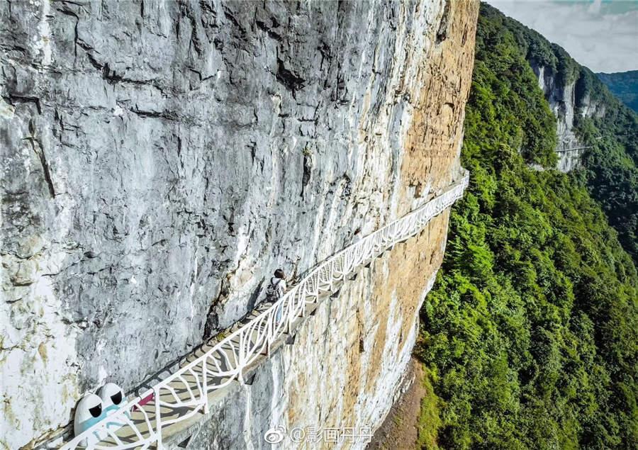 A walkway crosses a vertical cliff at Jinfo Mountain in Chongqing municipality. (Photo provided to chinadaily.com.cn)
The 2018 Jinfo Mountain Waterfront Camping Music Season is underway at the Jinfo Mountain Scenic Area and will last until Sept 1. During the event, visitors can participate in various activities, such as music contests, fish and crab battles, a hot spring party, water pistol fights and rock climbing.

A group of tourism experts from around the country was invited to experience Jinfo Mountain\'s tourism resources during the event, which was organized by the Jinfo Mountain Scenic Area and lotour.com, an online travel website.