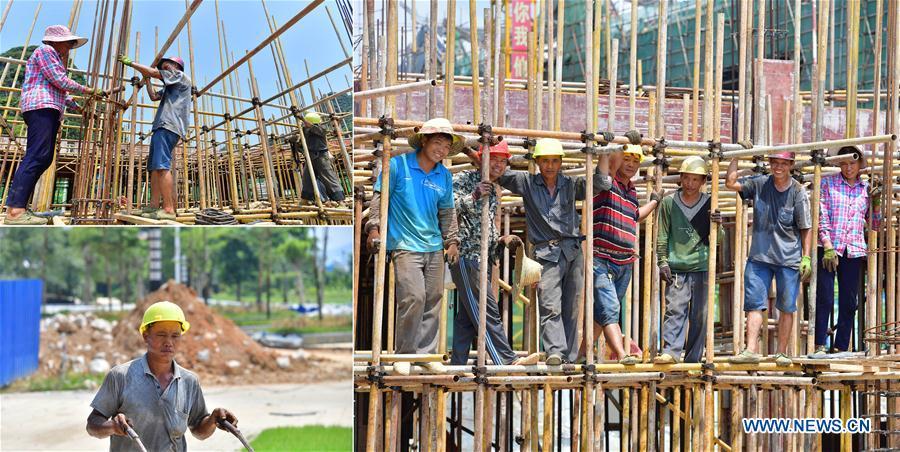 The combined photo taken on July 22, 2018 shows workers at the construction site of a resettlement site for relocated residents from poor areas in Rongshui Miao Autonomous County, south China\'s Guangxi Zhuang Autonomous Region. The resettlement project, started in July 2016, is planned to help over 8,000 impoverished villagers to relocate. Due to harsh environmental conditions, Rongshui has long been a less developed area in China. Up to now, there are still 76,800 impoverished people living in the county. In recent years, the local government carries out effective methods for poverty alleviation, helping local people to build roads, repair houses, improve education and develop industry. (Xinhua/Huang Xiaobang)