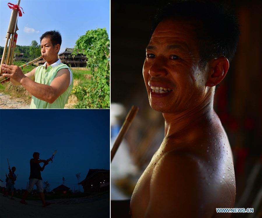 The combined photo shows Pan Jiehui, an impoverished villager, practices to play Lusheng, a reed-pipe wind instrument, at the Shuanglonggou Forest Tourist Resort on July 18, 2018 (L, top) and July 20, 2018 (R), and prepares for performances with team members (L, bottom) in Rongshui Miao Autonomous County, south China\'s Guangxi Zhuang Autonomous Region, July 19, 2018. Working as a staff member at the Shuanglonggou Forest Tourist Resort, Pan Jiehui is paid 5,000 RMB yuan (about 733 U.S. dollars) per month, and giving folk custom performances to visitors provides him with extra income. Due to harsh environmental conditions, Rongshui has long been a less developed area in China. Up to now, there are still 76,800 impoverished people living in the county. In recent years, the local government carries out effective methods for poverty alleviation, helping local people to build roads, repair houses, improve education and develop industry. (Xinhua/Huang Xiaobang)