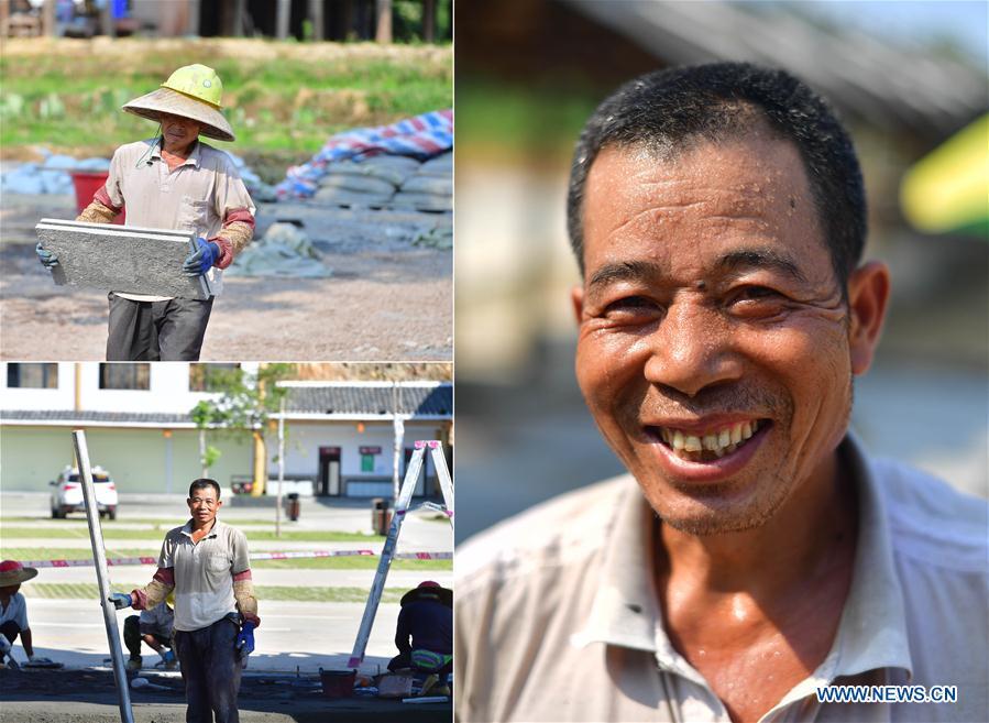 The combined photo taken on July 20, 2018 shows He Renzhang, an impoverished villager, working at the construction site of the Shuanglonggou Forest Tourist Resort in Rongshui Miao Autonomous County, south China\'s Guangxi Zhuang Autonomous Region. Due to harsh environmental conditions, Rongshui has long been a less developed area in China. Up to now, there are still 76,800 impoverished people living in the county. In recent years, the local government carries out effective methods for poverty alleviation, helping local people to build roads, repair houses, improve education and develop industry. (Xinhua/Huang Xiaobang)