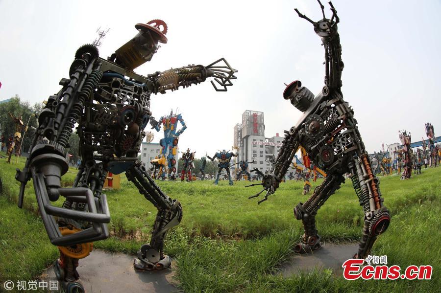 Transformer models made of steel are on display in a steel company in Xingtai City, North China’s Hebei Province, Aug. 1, 2018. The company’s park has 215 robot models of various styles and sizes, from 10.8 to 1.2 meters tall. Some weigh 25 kilograms and others, 11 tons. All the robot models were made by the company’s employees out of used components. The London-based World Record Certification said the company has the world’s largest collection of robot models. (Photo/VCG)