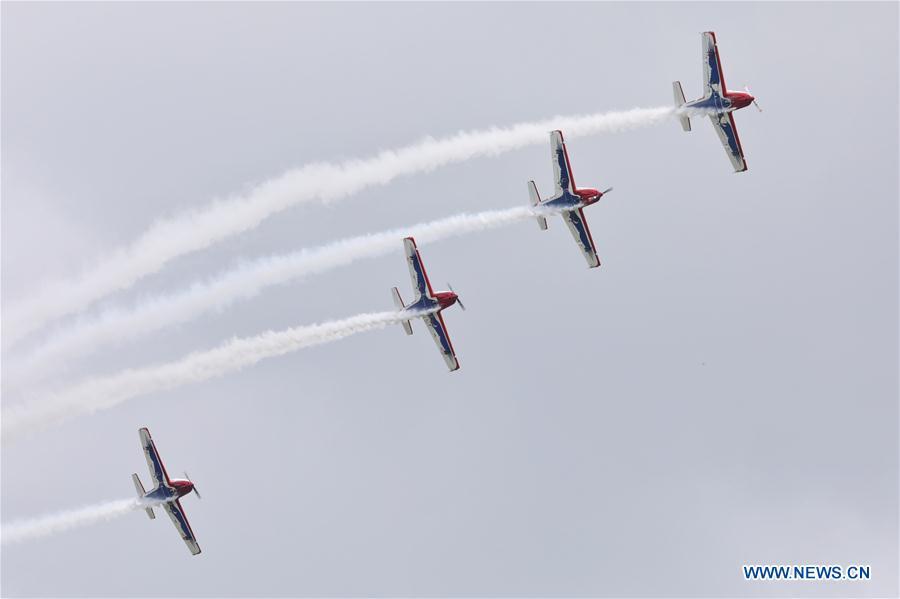 Aerobatic team from Italy perform during Huangguoshu Waterfalls Flight Conference in Anshun, southwest China\'s Guizhou Province, Aug. 3, 2018. (Xinhua/Liu Xu)