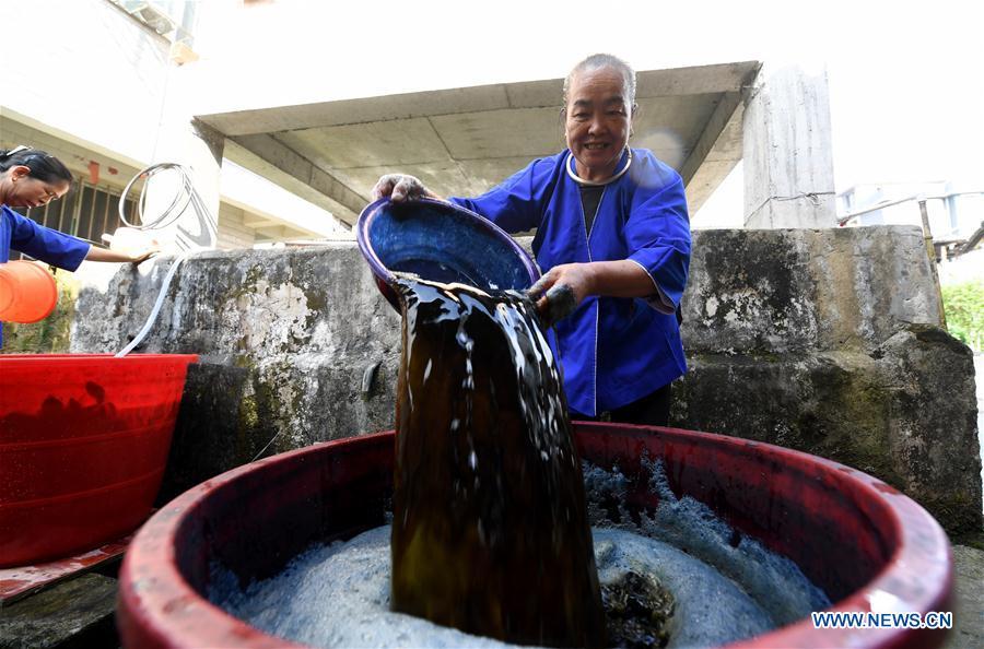 A woman of the Dong ethnic group makes dyeing material for Dong cloth at Linxi Village of Sanjiang Dong Autonomous County under Liuzhou City, south China\'s Guangxi Zhuang Autonomous Region, Aug. 4, 2018. Summer is the best season for the people of the Dong ethnic group to make their traditional Dong cloth in ancient ways with natural materials. It is popular among the Dong people for its shining look in the sun and cozy quality for wearing. (Xinhua/Li Hanchi)