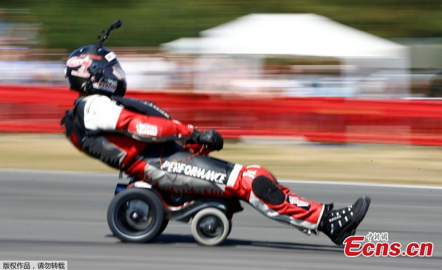 German extreme athlete Dirk Auer drives on his jet-powered Bobby car to set a new world record at 119.68 km/h during an airport racing event in Bottrop-Kirchhellen, western Germany, Aug. 5, 2018. (Photo/Agencies)