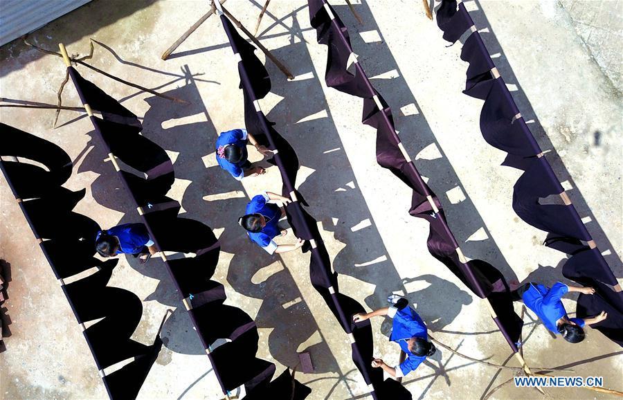 Women of the Dong ethnic group dry Dong cloth at Linxi Village of Sanjiang Dong Autonomous County under Liuzhou City, south China\'s Guangxi Zhuang Autonomous Region, Aug. 4, 2018. Summer is the best season for the people of the Dong ethnic group to make their traditional Dong cloth in ancient ways with natural materials. It is popular among the Dong people for its shining look in the sun and cozy quality for wearing. (Xinhua/Li Hanchi)