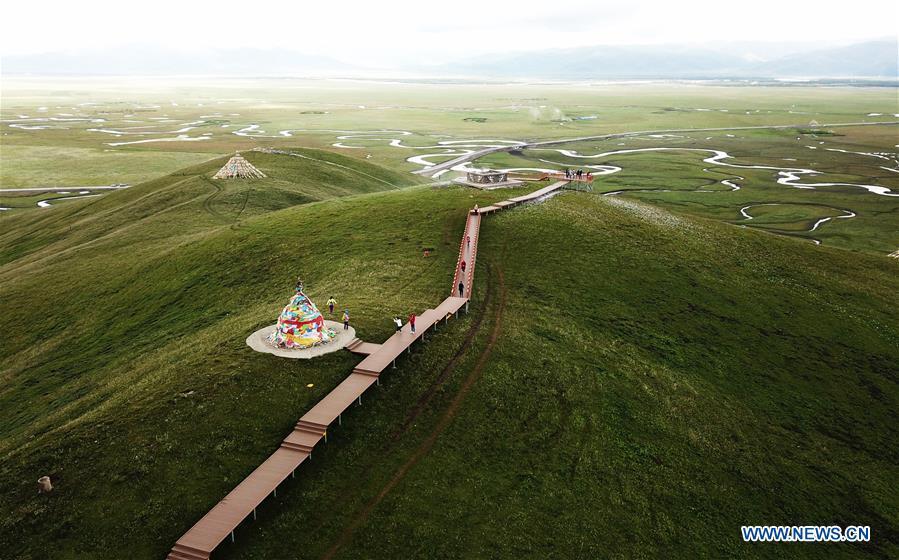 Aerial photo taken on July 31, 2018 shows the scenery of the Awancang Wetland in Gannan Tibetan Autonomous Prefecture, northwest China\'s Gansu Province. (Xinhua/Chen Bin)