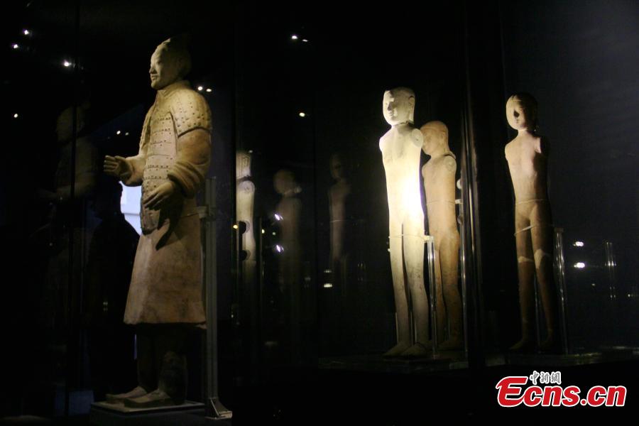 An exhibition of terracotta figures of Qin Dynasty (221 to 206 BC) and Han Dynasty (206 BC ? 220 AD) held in the Emperor Qin Shihuang\'s Mausoleum Museum in Xi’an City, Northwest China’s Shaanxi Province, Aug. 7, 2018, a joint cooperation between the museum and Emperor Jing Mausoleum Museum. The exhibition aims to introduce the inheritance, change and development of Qin and Han culture. (Photo: China News Service/Zhang Yuan)