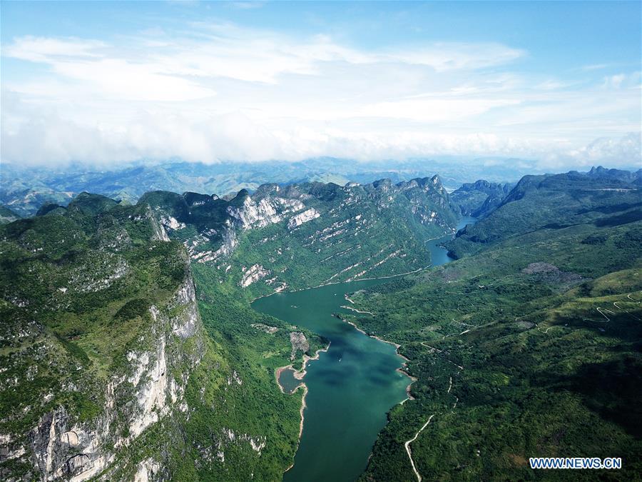 Aerial photo taken on Aug. 7, 2018 shows the scenery of Beipanjiang river valley in Zhenfeng County, southwest China\'s Guizhou Province. (Xinhua/Tao Liang)