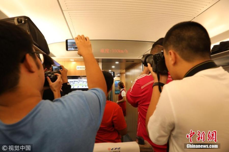 The Fuxing train starts running along the Beijing-Tianjin intercity high-speed railway at 350 kilometers per hour, up from 300 km/h, on Aug. 8, 2018. The Beijing-Tianjin intercity high-speed railway, one of China\'s calling cards, opened in August 2008. In 10 years, it has carried 250 million passengers. (Photo/VCG)