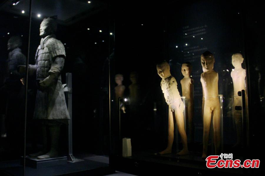 An exhibition of terracotta figures of Qin Dynasty (221 to 206 BC) and Han Dynasty (206 BC ? 220 AD) held in the Emperor Qin Shihuang\'s Mausoleum Museum in Xi’an City, Northwest China’s Shaanxi Province, Aug. 7, 2018, a joint cooperation between the museum and Emperor Jing Mausoleum Museum. The exhibition aims to introduce the inheritance, change and development of Qin and Han culture. (Photo: China News Service/Zhang Yuan)