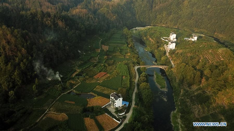 Aerial photo taken on Aug. 10, 2018 shows scenery at dawn in Shitan Village, Shexian County, east China\'s Anhui Province. (Xinhua/Zhang Duan)