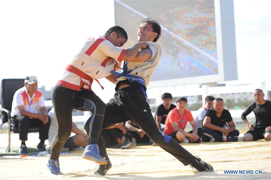 Contestants take part in a wrestling competition during a folk custom tourism festival held in the Kazak Autonomous County of Mori in northwest China\'s Xinjiang Uygur Autonomous Region, Aug. 11, 2018. The two-day festival opened here on Saturday. (Xinhua/Sadat)