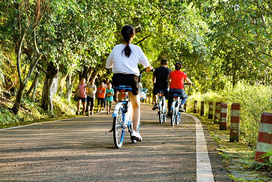 People ride their bikes near Guyu Lake in Longchang city, southeast of Sichuan Province, in early August. (Photo/China Daily)

Tens of thousands of birds fly to the lake over November-April, creating quite a sight.

Then, one can see 90 varieties of birds, including white and gray cranes, as well as egrets and cormorants.

Now, the local authorities have set up dozens of birds feeding and observation sites for the public.

Guyu Lake was designated a national 4A scenic spot in 2016. And growing tourism has helped the local agri-tainment businesses to flourish.

Currently, more than 35 agri-tainment facilities are up and running, and they cater to 2,000-3,000 visitors per day, says Huang, adding that some of the facilities earn as much as 200,000-300,000 yuan ($29,279-43,918) a year.

Tang Wenyi was the first local to open a restaurant in the area, 500 meter from the lake, in 2000.

\