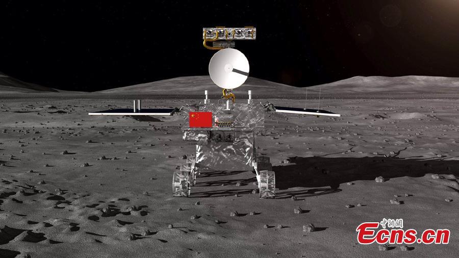 An artistic rendering of the Chang\'e-4 lander on the moon. The Chang\'e-4 lunar probe will undertake the first-ever soft landing on the far side of the moon. (Photo provided to China News Service)