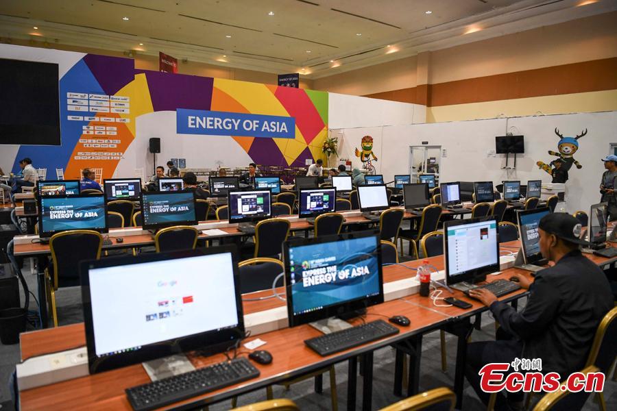 A view of the press center for the 18thAsian Games in Palembang, Indonesia, Aug. 15, 2018. A total of 11,300 athletes from 45 National Olympic Committees will compete in the Asian Games set to be played from August 18 to September 2, according to the latest data from the Olympic Council of Asia. (Photo: China News Service/Liu Guanguan)
