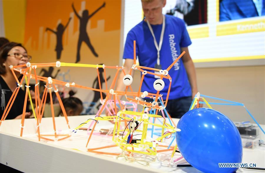 Photo taken on Aug. 15, 2018 shows a robot toy at World Robot Conference 2018 in Beijing, capital of China. Kicking off on Wednesday, the Conference attracted contestants from 16 countries and regions to participate in the contest section. (Xinhua/Zhang Chenlin)
