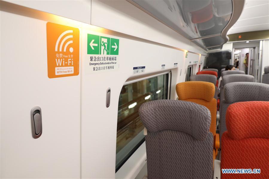 Photo taken on Aug. 16, 2018 shows the interior of a train of the Guangzhou-Shenzhen-Hong Kong Express Rail Link (XRL), in Hong Kong, south China. The trial run of the Hong Kong Section of XRL has been completed on Thursday. The 26-km Hong Kong section of the XRL links up Hong Kong with the mega high-speed rail network of the Chinese mainland. (Xinhua/Lui Siu Wai)