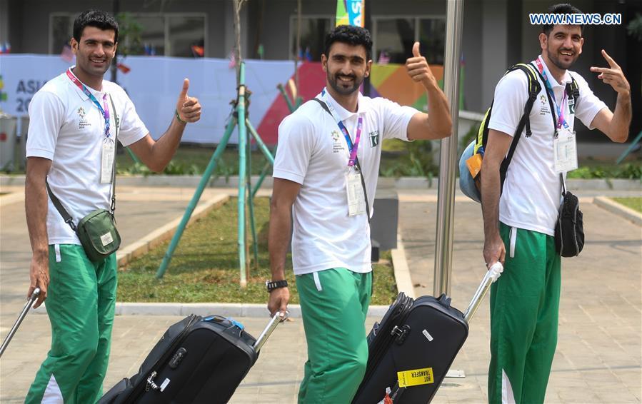 Members of Pakistani delegation arrive at the Asian Games Village ahead of the 18th Asian Games in Jakarta, Indonesia, on Aug. 17, 2018. August 18 will witness the opening ceremony of the 18th Asian Games in Jakarta, Indonesia. (Xinhua/Huang Zongzhi)