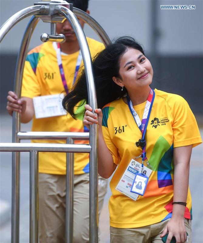 Volunteers work at the Asian Games Village ahead of the 18th Asian Games in Jakarta, Indonesia, on Aug. 17, 2018. August 18 will witness the opening ceremony of the 18th Asian Games in Jakarta, Indonesia. (Xinhua/Huang Zongzhi)
