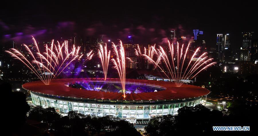 Fireworks explode over the Gelora Bung Karno (GBK) Main Stadium at the opening ceremony of the 18th Asian Games in Jakarta, Indonesia, Aug. 18, 2018.(Xinhua/Li Xiang)