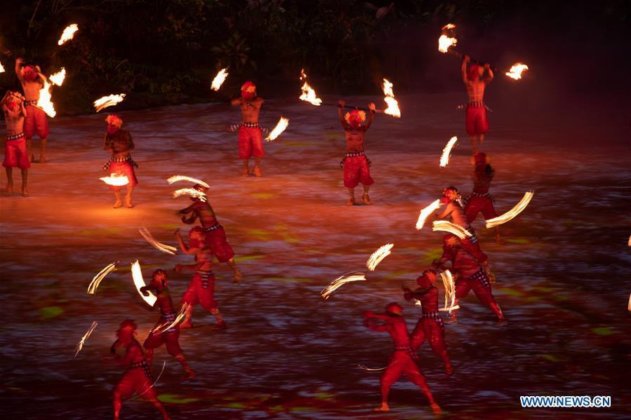 Dancers perform during the opening ceremony of the 18th Asian Games at Gelora Bung Karno (GBK) Main Stadium in Jakarta, Indonesia, Aug. 18, 2018.(Xinhua/Cheong Kam Ka)