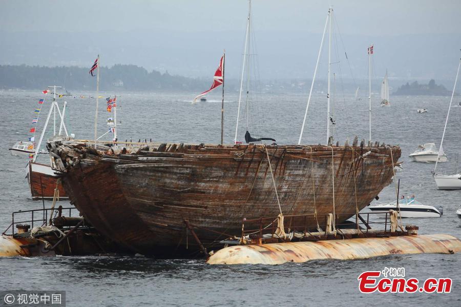 The hulk of polar explorer ship named Maud, arrives at her final resting place at Vollen, Norway, the place where she was built, Aug. 18, 2018, the culmination of project \