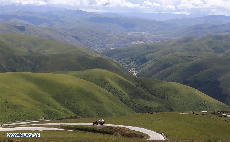 Aerial photo taken on Aug. 20, 2018 shows a vehicle running on Shangnan highway in Rangtang County, southwest China\'s Sichuan Province. At an altitude of over 3,000 meters, the nearly-40-kilometer Shangnan highway is a major road in the county which served a key role in shaking off poverty for local Tibetan herdsmen. (Xinhua/Jiang Hongjing)