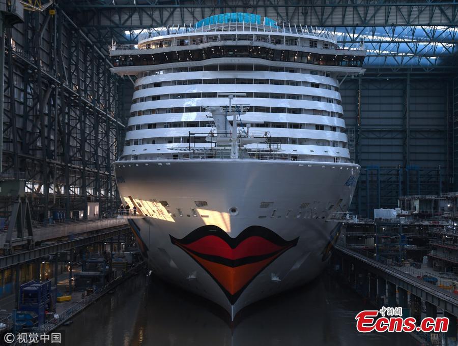 The \'AIDAnova\' cruise ship in the Meyer Werft shipyards on August 21, 2018 in Papenburg, Germany. The newly-completed 184,000-tonne ship, which is 337 meters long and can accommodate 6,600 passengers, cast and crew. AIDAnova is the World\'s first liquefied natural gas (LNG)-Powered Cruise Ship. (Photo/Agencies)