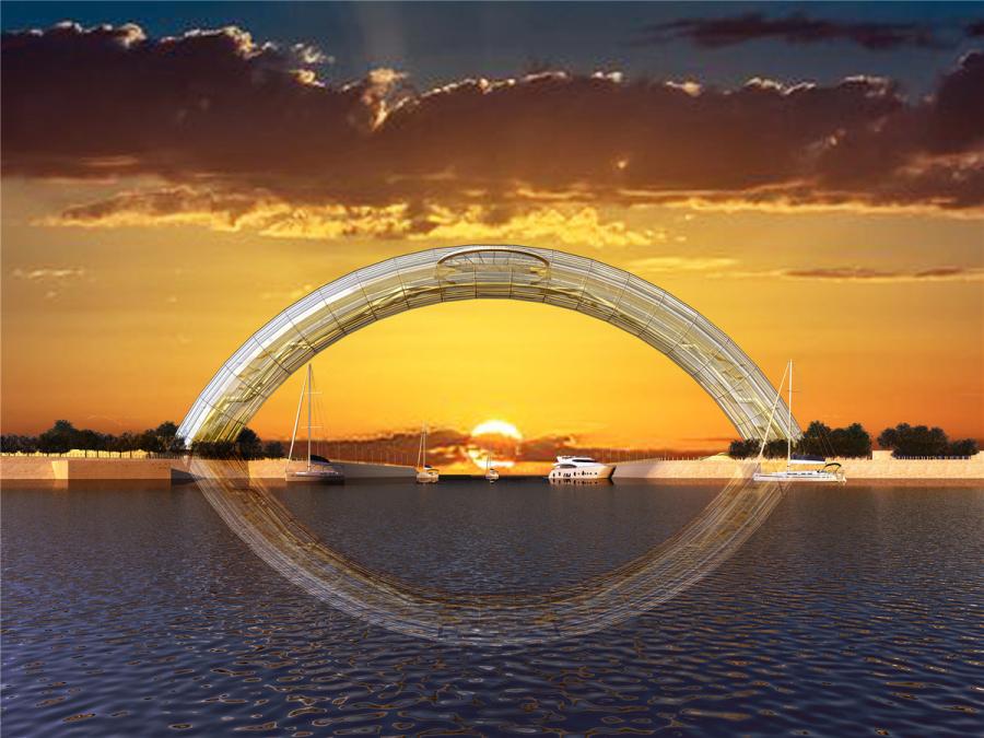 Artist\'s impressions of the Eye of the Yellow Sea, China\'s first all-steel glass arch bridge that is under construction in Rizhao, Shandong Province. The arch bridge spans about 177 meters and is expected to be completed in 2019. (Photo provided to chinadaily.com.cn)