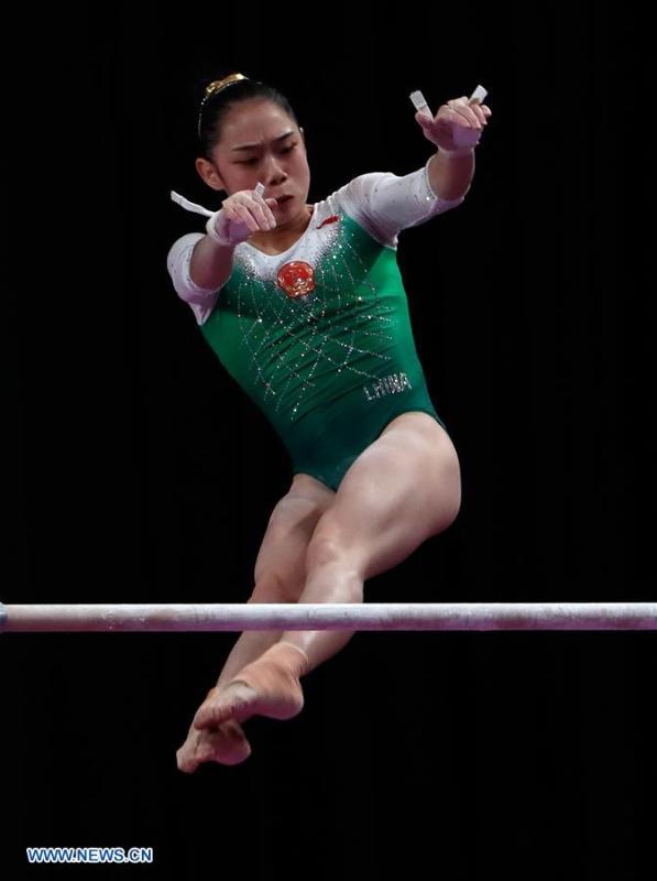 Liu Tingting of China competes during the Artistic Gymnastics Women\'s Uneven Bars Final at the Asian Games 2018 in Jakarta, Indonesia on Aug. 23, 2018. (Xinhua/Wang Lili)