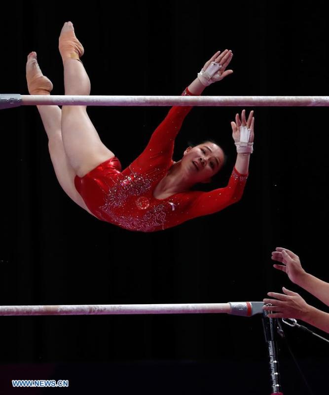 Luo Huan of China competes during the Artistic Gymnastics Women\'s Uneven Bars Final at the Asian Games 2018 in Jakarta, Indonesia on Aug. 23, 2018. (Xinhua/Wang Lili)