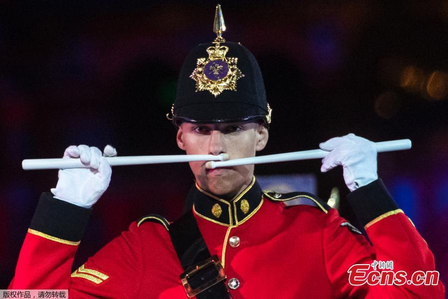 A member of the Brentwood Imperial Youth Band from Britain performs during a rehearsal of the Spasskaya Tower international military music festival in Red Square, in Moscow, Russia, Aug. 23, 2018. (Photo/Agencies)