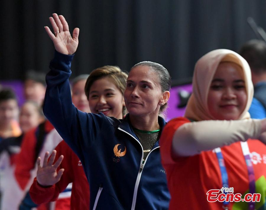 Uzbekistan\'s Oksana Chusovitina participates the Artistic Gymnastics Women\'s Vault at the 2018 Asian Games in Jakarta, Indonesia, Aug.23, 2018. Chusovitina, 43 years old, won a silver medal in vault at the Asian Games. Chusovitina is a marvel of athletic longevity, with her international gymnastics career spanning nearly 30 years. (Photo: China News Service/Hou Yu)