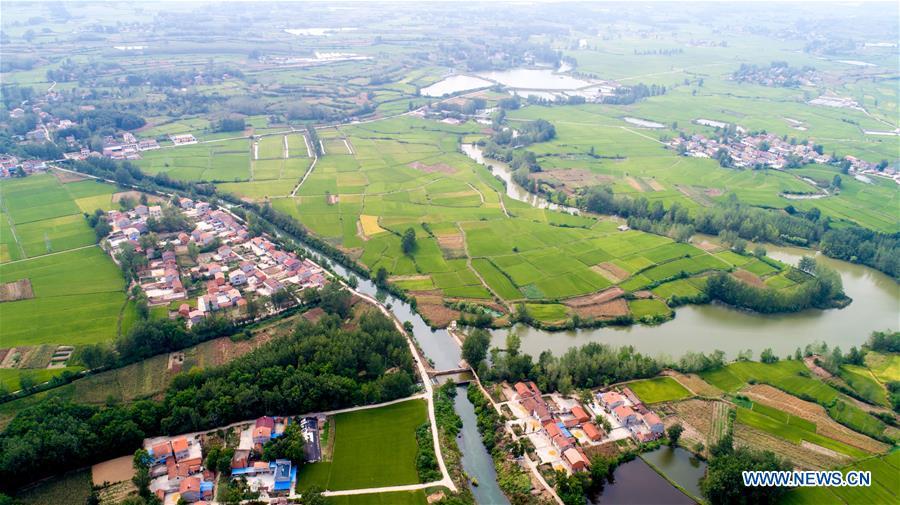 Aerial photo taken on Aug. 22, 2018 shows a section of Changqu Canal in Xiangyang, central China\'s Hubei Province. The Changqu Canal has been added to the World Heritage Irrigation Structures list by the International Commission on Irrigation and Drainage (ICID) recently. (Xinhua/Xiong Qi)