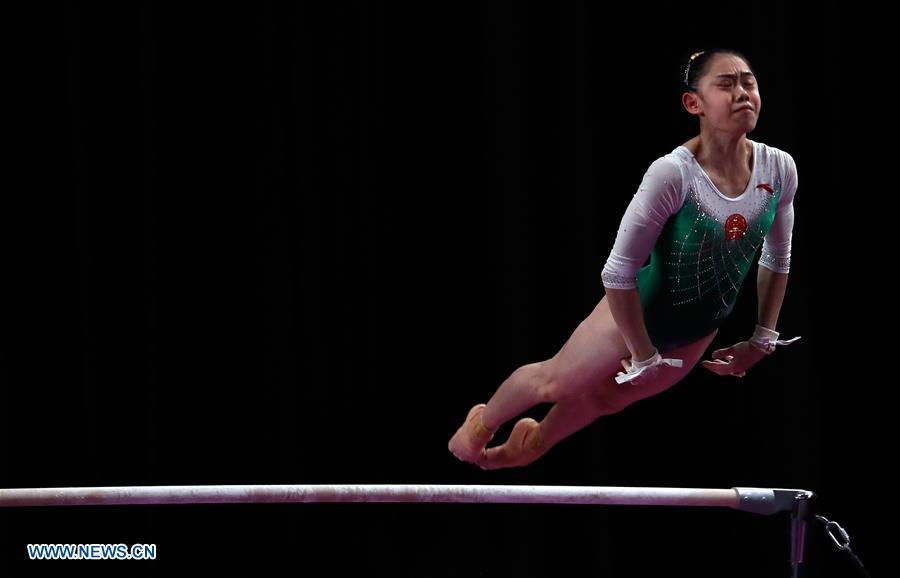 Liu Tingting of China competes during the Artistic Gymnastics Women\'s Uneven Bars Final at the Asian Games 2018 in Jakarta, Indonesia on Aug. 23, 2018. (Xinhua/Zhu Wei)