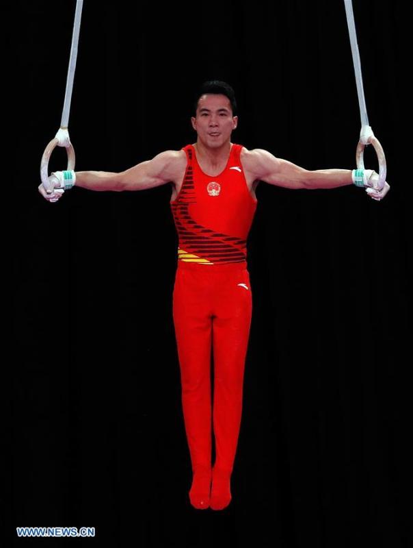 Deng Shudi of China competes during the Artistic Gymnastics Men\'s Rings Final at the Asian Games 2018 in Jakarta, Indonesia on Aug. 23, 2018. (Xinhua/Wang Lili)