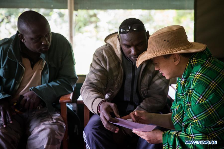Chinese wildlife conservationist Zhuo Qiang (R) discusses with locals at Ol Kinyei conservancy in Maasai Mara, Kenya, July 8, 2018. The founder and Chairman of Mara Conservation Fund (MCF) Zhuo Qiang, a 45-year-old Chinese, has pioneered outstanding wildlife conservation projects in the world famous Maasai Mara ecosystem. Ol Kinyei is among the conservancies benefiting from his activities. Around it, he has built three lion proof boas preventing the wildlife conflict with the adjacent communities. He was officially adopted as a son of the Maasai\'s Ol Kinyei conservation group in 2015, owing to his unwavering friendship with the pastoralists. Zhuo\'s anti-poaching drives in the East African nation expresses the increasing collaboration between Kenyan and China in ending the killing of rhinos, elephants and lions. (Xinhua/Lyu Shuai)