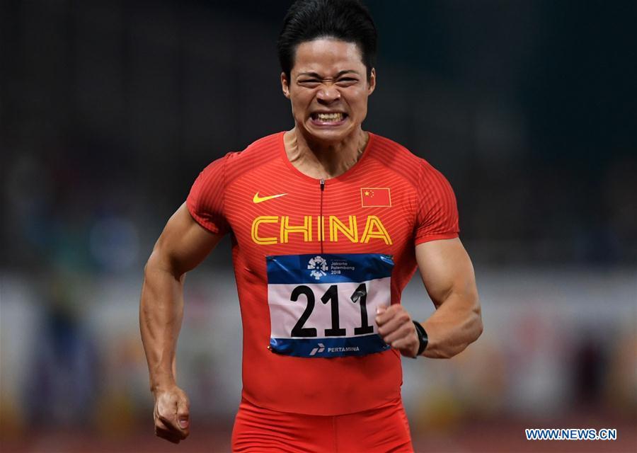 Su Bingtian of China competes during the men\'s 100m final of athletics at the Asian Games 2018 in Jakarta, Indonesia on Aug. 26, 2018. (Xinhua/Yue Yuewei)