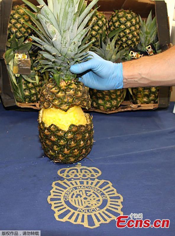 Spanish police have seized 67 kilograms (148 pounds) of cocaine found inside hollowed-out pineapples discovered at Madrid\'s main fruit and vegetable market. Dozens of drug-stuffed fruits were seized at the sprawling Mercamadrid market among a shipment of pineapples that arrived in the Portuguese port of Setubal by ship from Costa Rica. The fruits, believed to have a street value of almost ?250,000, are said to have then been transported overland to the Spanish capital. (Photo/Agencies)