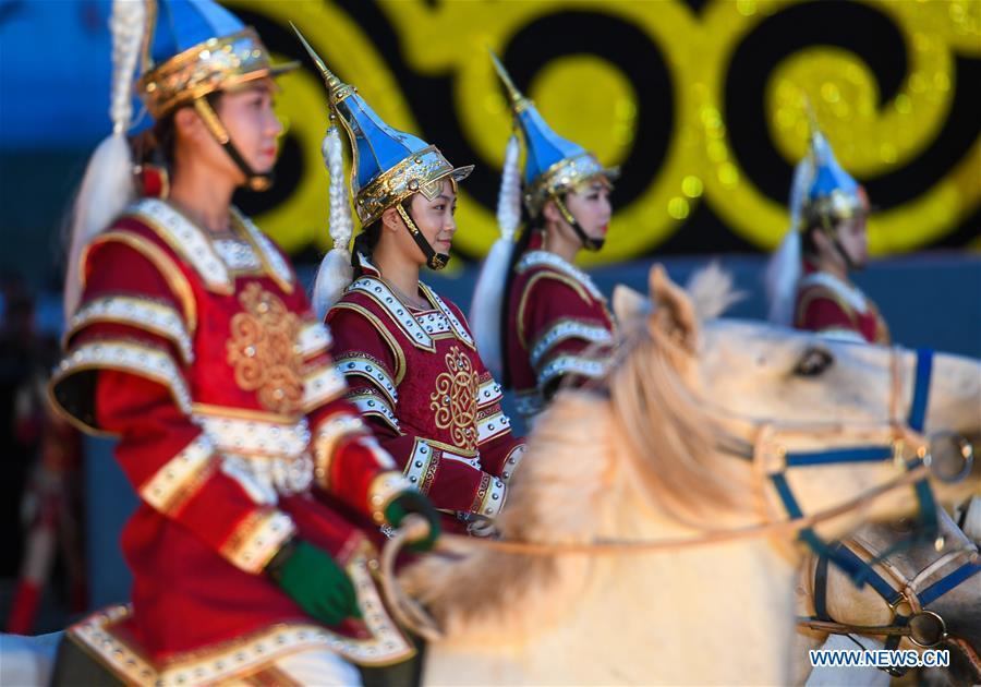 Equestrian performers attend the opening ceremony of a horse-themed art week in Hohhot, capital of north China\'s Inner Mongolia Autonomous Region, Aug. 27, 2018. Kicked off here on Monday, the art week will include art performances, beer and food festival, and equestrian performances. (Xinhua/Peng Yuan)